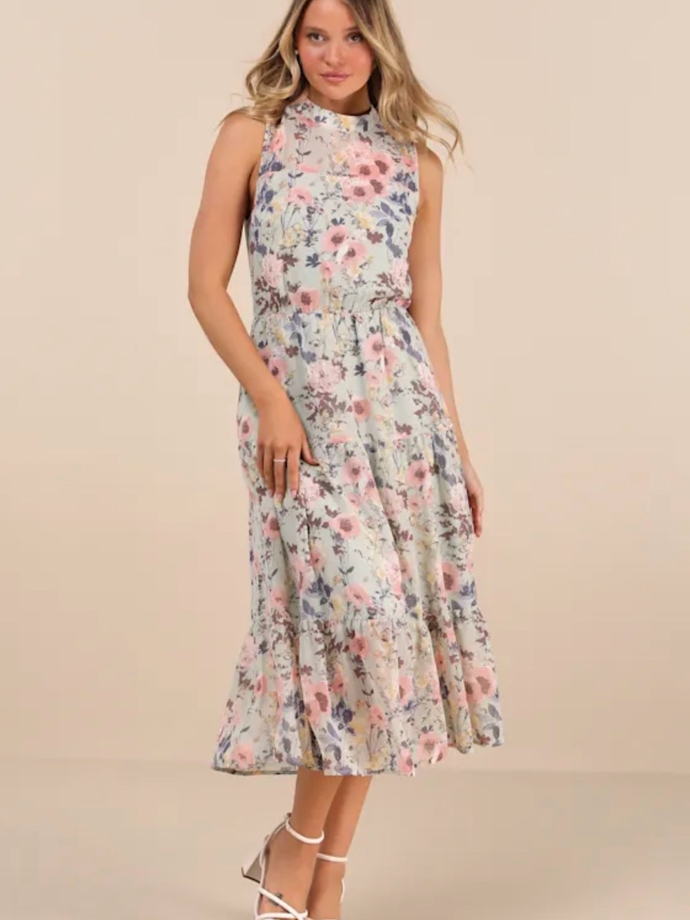 Lulu's Pale Blue Floral Midi Dress with Pink & Green Accents